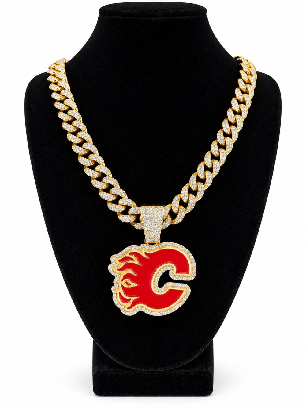 Iced Out Calgary Flames Pendant with Gold Tone Necklace
